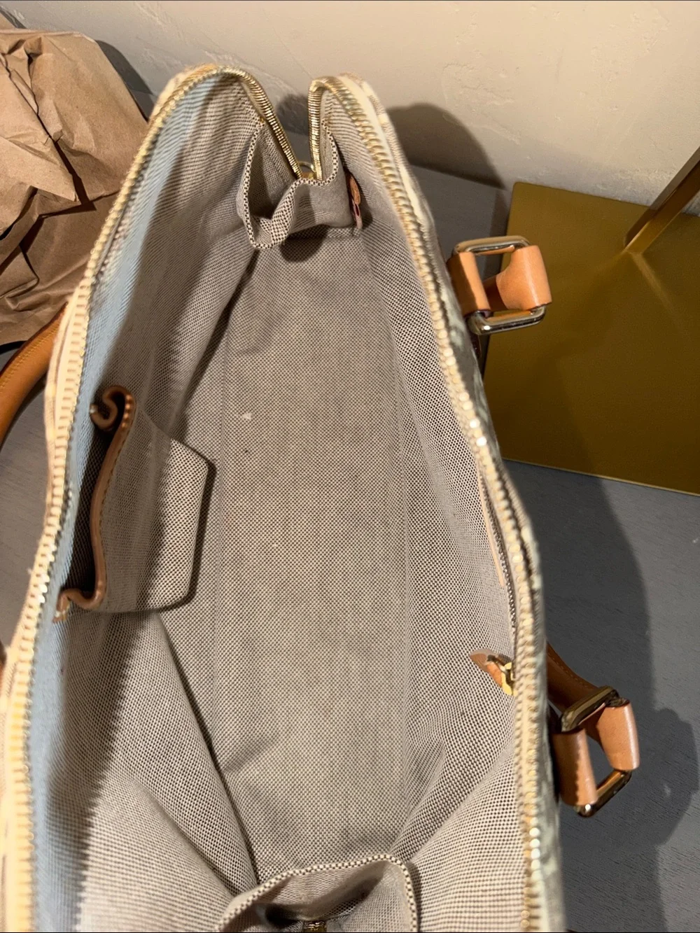 Dooney & Bourke Gray Logo Satchel with Tan Leather Handles